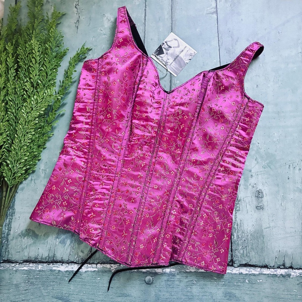 Vintage Pink Brocade Corset Top XS/S Satin Bustier Floral Lace Up Boned Corset‎